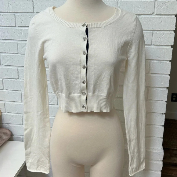 Vintage Guess Rhinestone Button Cotton Cardigan Sweater L - Picture 1 of 11